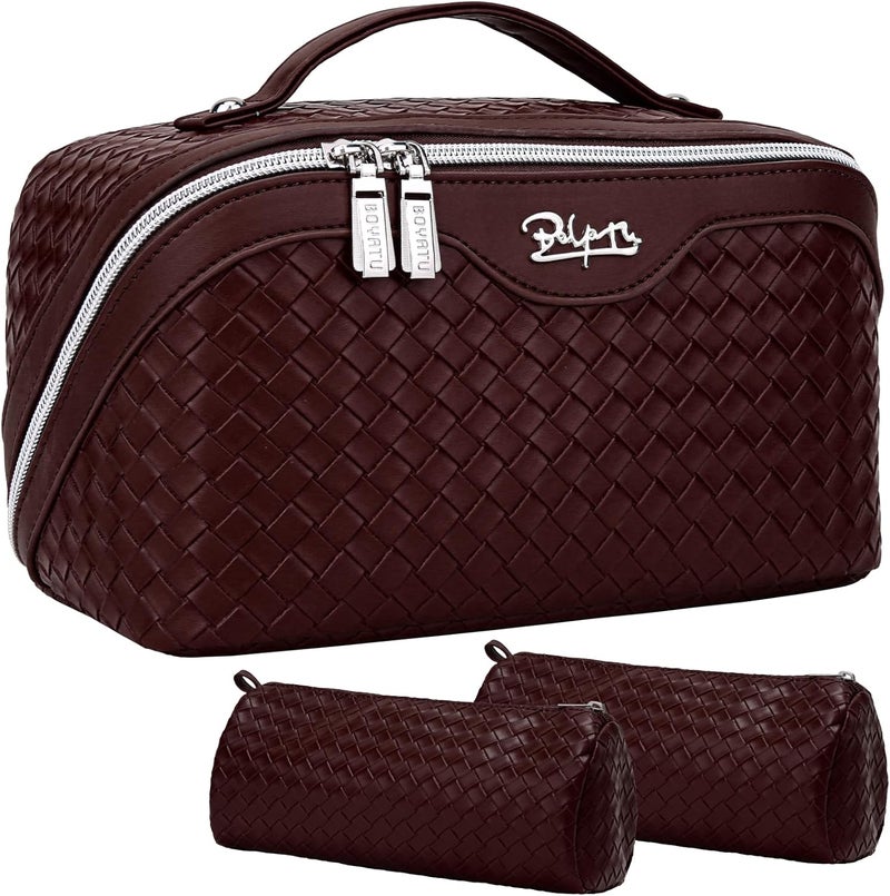 BOYATU Travel Makeup Bag Cosmetic Bags for Women: Large Capacity 3 Pcs Set Make up Bag with Compartments - Waterproof Vegan Leather Toiletry Organizer Bags with Handle (L14 Wine red) - Image 1